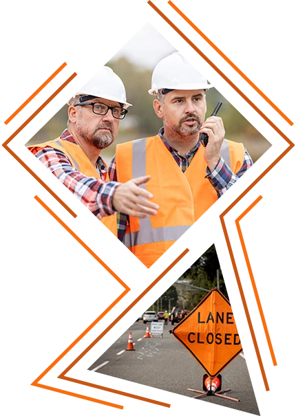 stylized photo combo: two men in hard hats and safety vests, one talking on a two-way radio; the other a cutout image of traffic cones and a large "Lane Closed" sign (KSK traffic management decorative image)