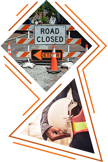 stylized photo combo: road closure signs and a cone; close-up photo of a man holding a hard hat at his hip next to his safety vest ("About KSK" decorative image)