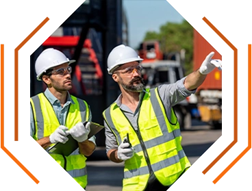 stylized photo of two men in yellow safety vests and white hard standing on the street of a jobsite (About KSK page decorative image)