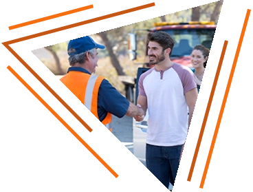 stylized photo of two men shaking hands at an interview - one in an orange safety vest, and the other in more casual clothes ("About KSK" decorative image)