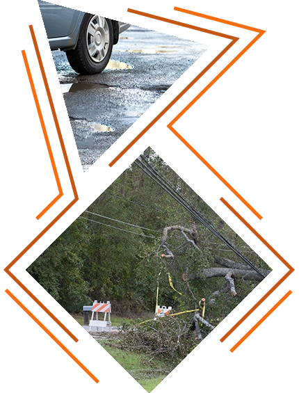 stylized photo combo: close-up photo of a car hitting a pothole in a poorly maintained street; downed tree branches pulling down a powerline with road closure indicators surrounding the area (KSK traffic control decorative image)
