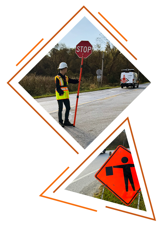 stylized photo combo: a KSK employee in yellow/orange safety gear and a white hardhat holds a stop sign on a job site with the KSK van in the background; the second photo is a cropped image of an orange diamond sign featuring the flagger ahead icon ("About KSK" page featured image)
